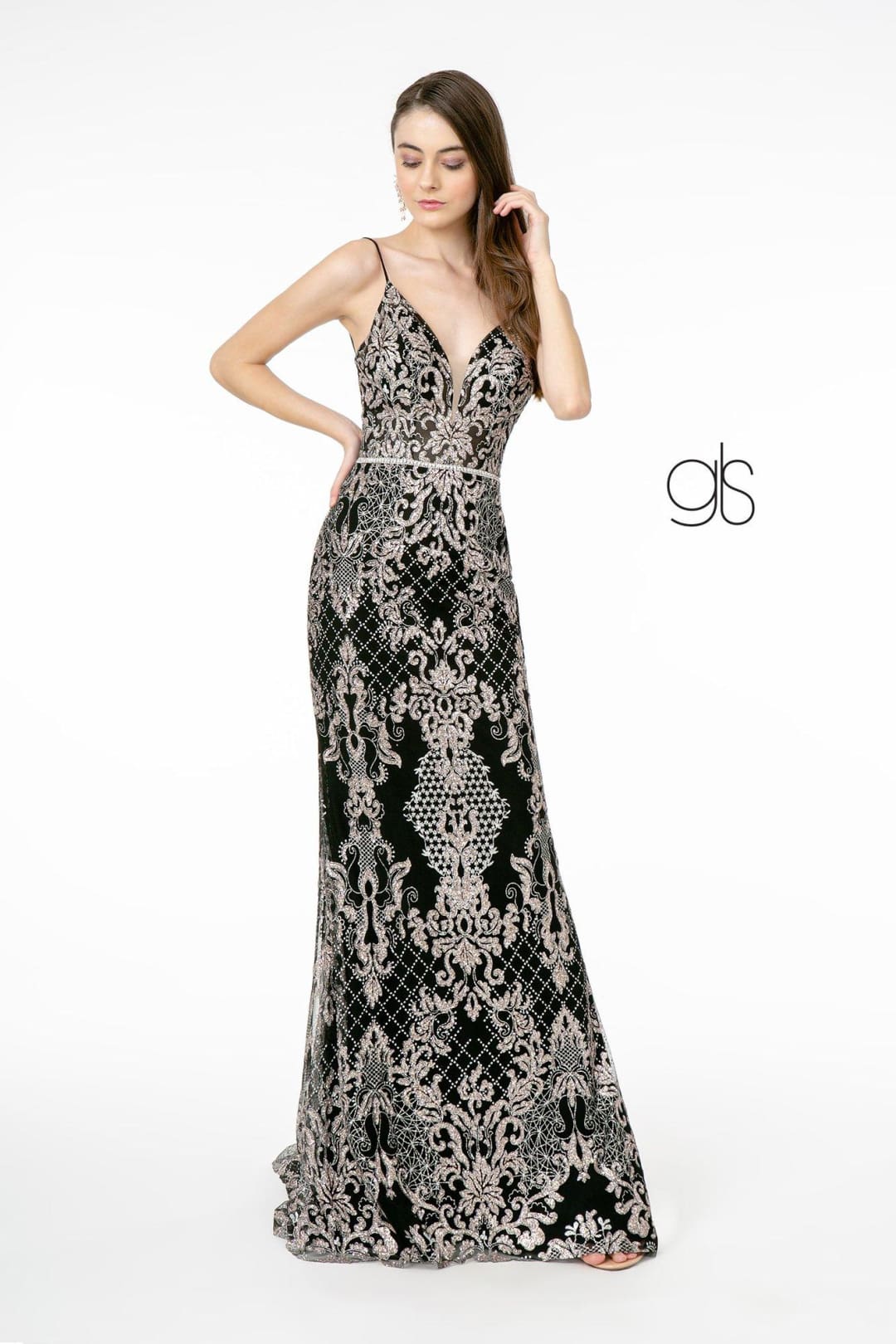 Glitter Embroidered Long Fitted V-Neck Dress by Elizabeth K GL2990 - XS / Black - Long Formal Dresses