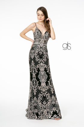 Glitter Embroidered Fitted V-Neck Dress by Elizabeth KGL2990