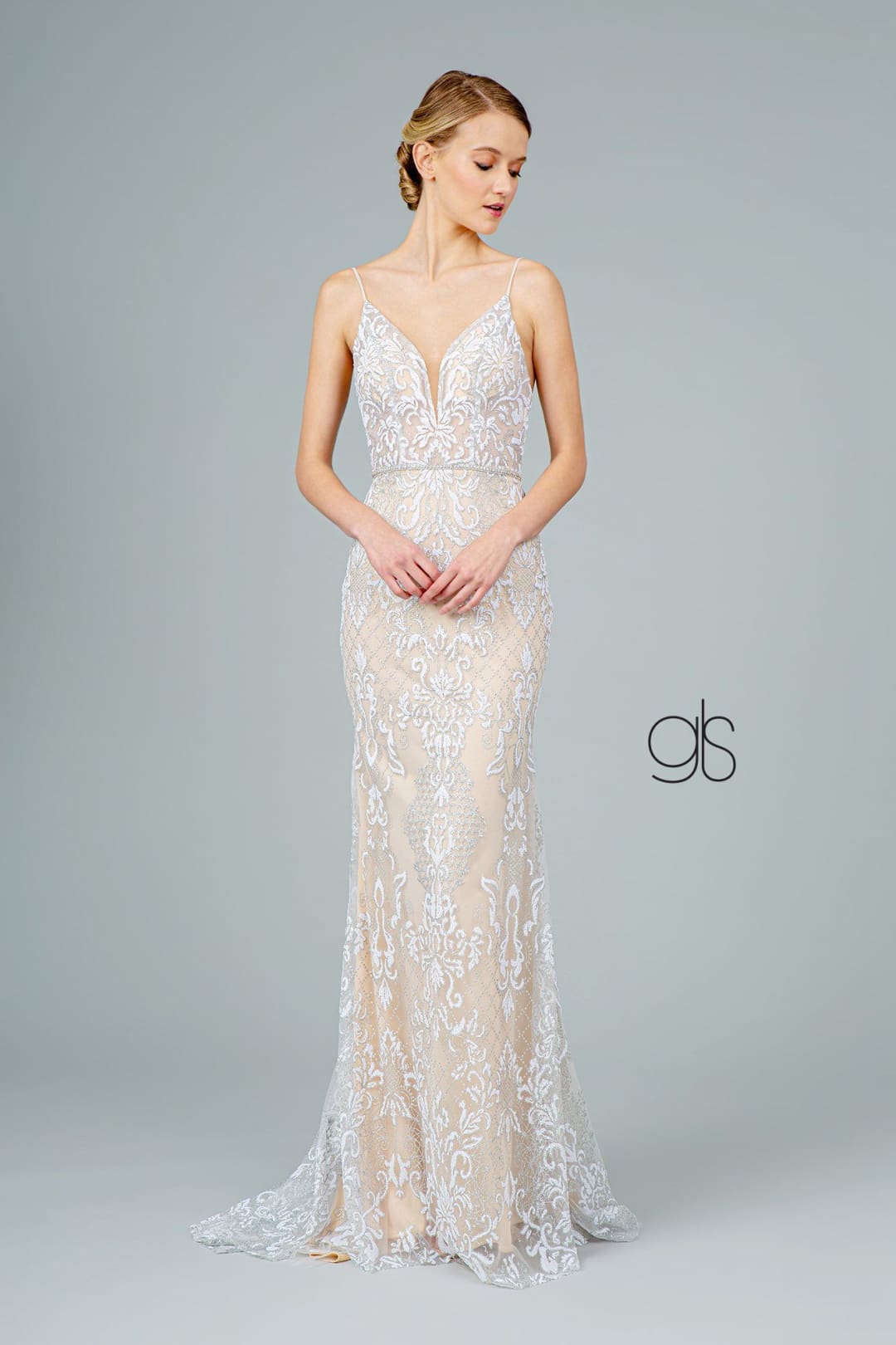 Glitter Embroidered Long Fitted V-Neck Dress by Elizabeth K GL2990 - XS / Ivory - Long Formal Dresses