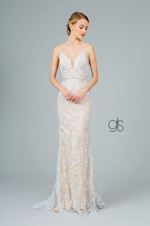 Glitter Embroidered Long Fitted V-Neck Dress by Elizabeth K GL2990 - XS / Ivory - Long Formal Dresses
