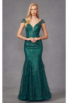 Glitter Fitted Short Sleeve Feather Gown by Juliet 286