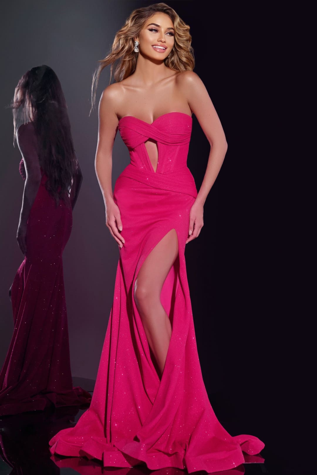 Glitter Fitted Strapless Slit Gown by Jovani 43065 - 00 / Fuchsia - Long Formal Dresses