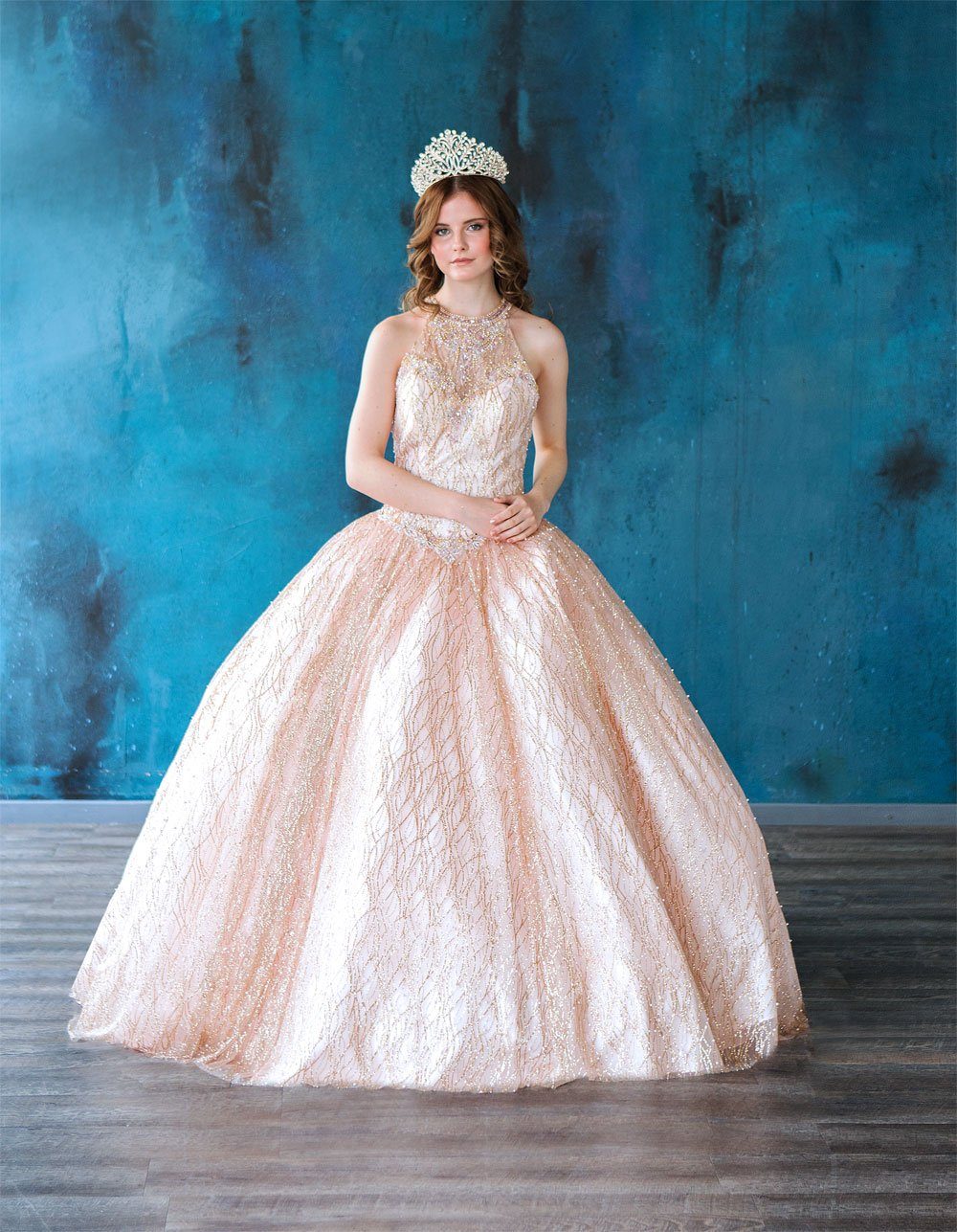 Glitter Illusion High Neck Quinceañera Dress by Calla KY71209