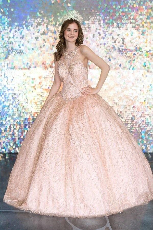 Glitter Illusion High Neck Quinceañera Dress by Calla KY71209