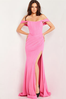 Glitter Jersey Off Shoulder Slit Gown by Jovani 23366
