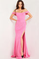 Glitter Jersey Off Shoulder Slit Gown by Jovani 23366 - 00 / Hot Pink - Long Formal Dresses