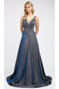 Glitter Long Prom Dress And Plus Size - NAVY BLUE / XS