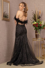 Glitter Off Shoulder Feather Gown by GLS Gloria GL3130 - Long Formal Dresses