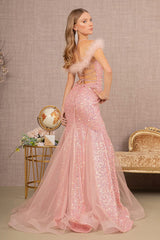 Glitter Off Shoulder Feather Gown by GLS Gloria GL3130 - Long Formal Dresses