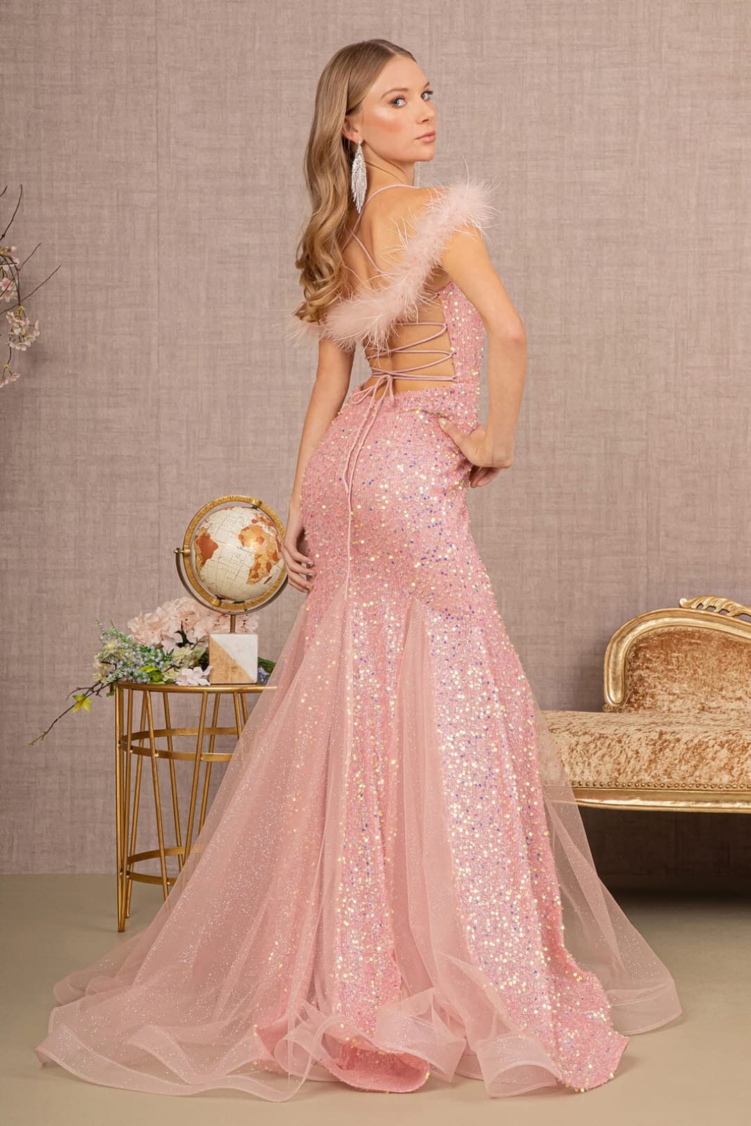 Glitter Off Shoulder Feather Gown by GLS Gloria GL3130 - Long Formal Dresses