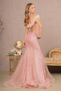 Glitter Off Shoulder Feather Gown by GLS Gloria GL3130 - Long Formal Dresses