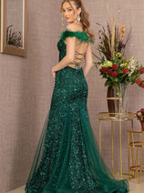 Glitter Off Shoulder Feather Gown by GLS Gloria GL3130