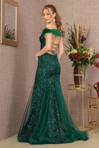 Glitter Off Shoulder Feather Gown by GLS Gloria GL3130 - Long Formal Dresses