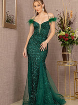 Glitter Off Shoulder Feather Gown by GLS Gloria GL3130