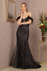 Glitter Off Shoulder Feather Gown by GLS Gloria GL3130 - XS / Black - Long Formal Dresses