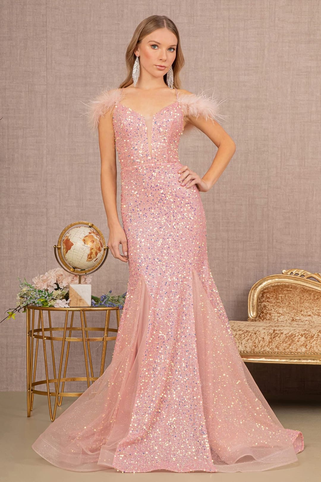 Glitter Off Shoulder Feather Gown by GLS Gloria GL3130 - XS / Rose Gold - Long Formal Dresses