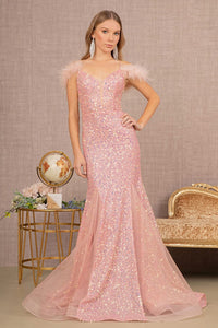 Glitter Off Shoulder Feather Gown by GLS Gloria GL3130 - XS / Rose Gold - Long Formal Dresses
