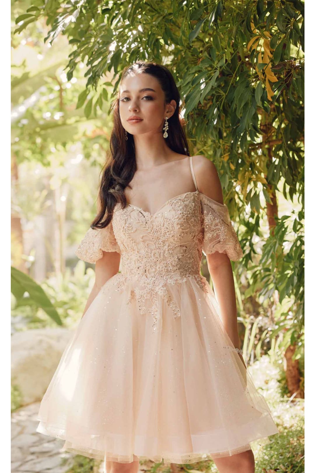 Glitter Off-Shoulder Short Sleeve Dress by Juliet 886 - Champagne / S Glitter Off-Shoulder Short Sleeve Dress by Juliet 886 - Champagne / S