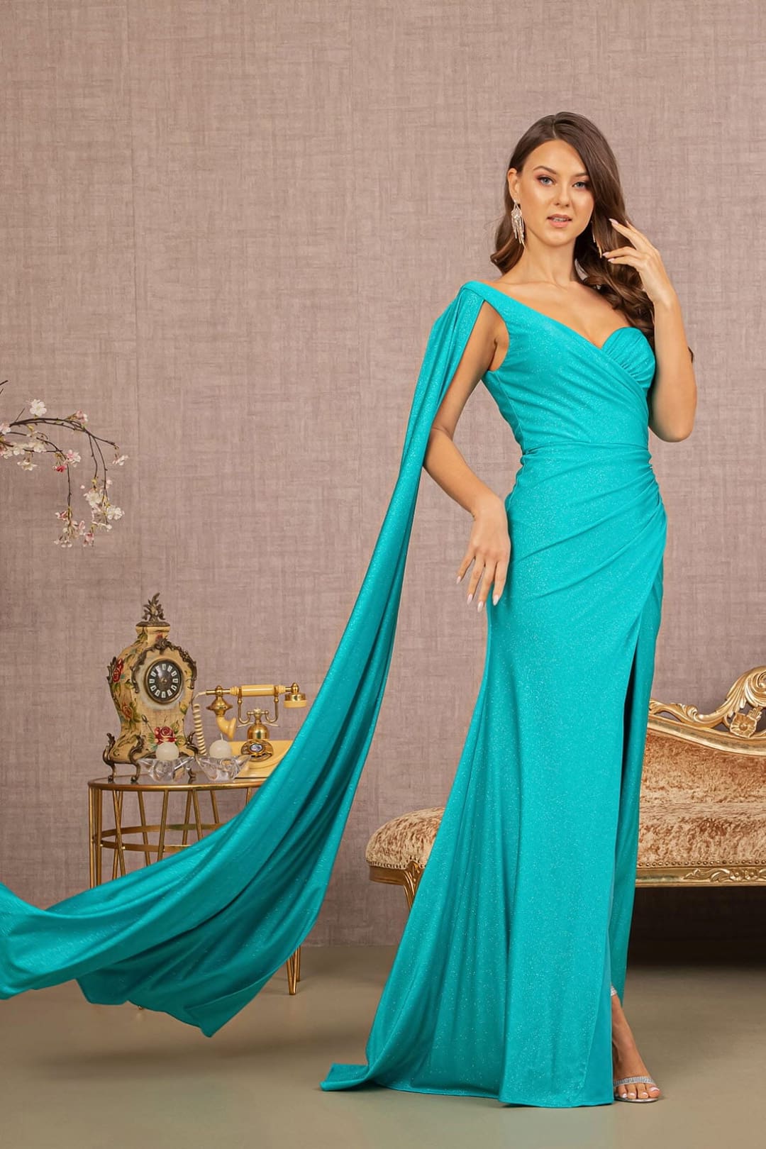 Glitter One Shoulder Slit Gown by Elizabeth K GL3136 - Long Formal Dresses