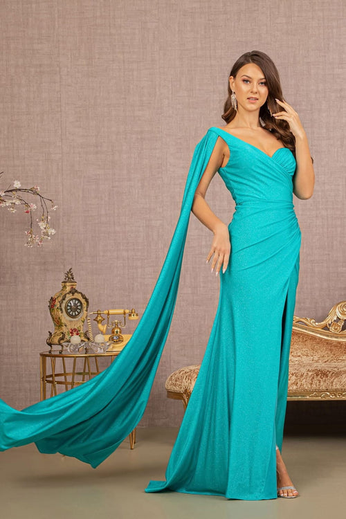 Glitter One Shoulder Slit Gown by Elizabeth K GL3136 - Long Formal Dresses