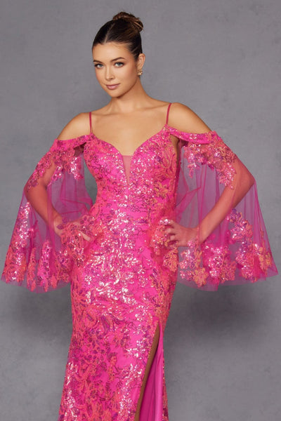 Glitter Print Cold Shoulder Slit Gown by Juliet JT2564U - Long Formal Dresses