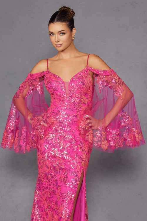 Glitter Print Cold Shoulder Slit Gown by Juliet JT2564U - Long Formal Dresses