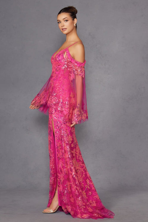Glitter Print Cold Shoulder Slit Gown by Juliet JT2564U - Long Formal Dresses