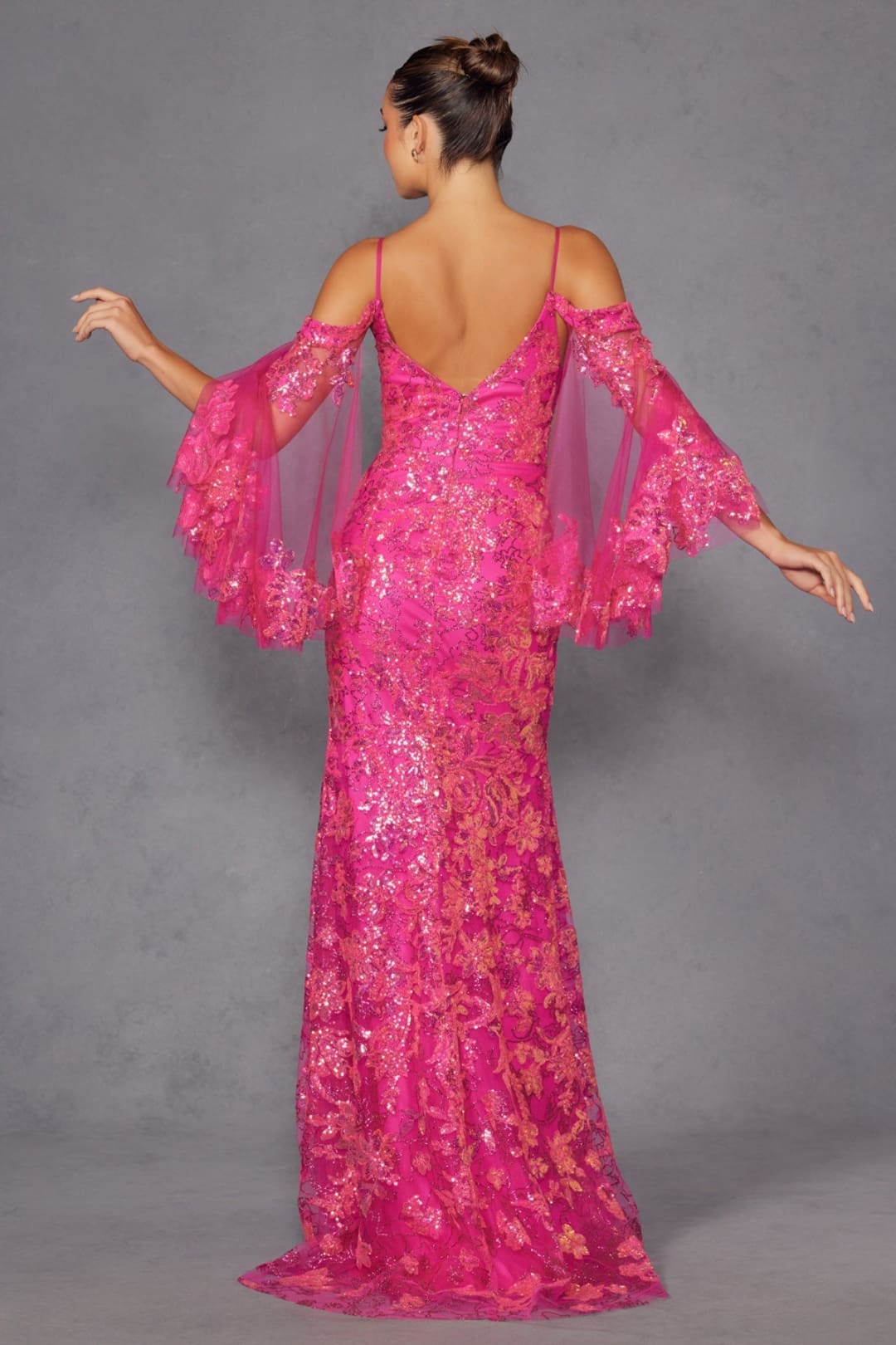 Glitter Print Cold Shoulder Slit Gown by Juliet JT2564U - Long Formal Dresses