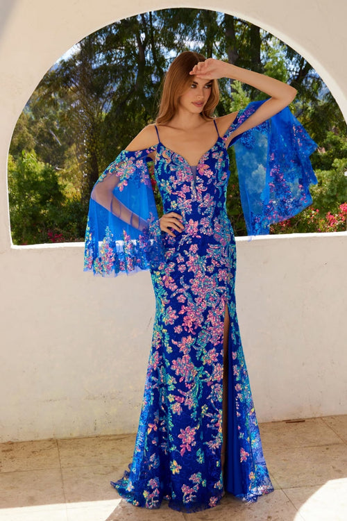 Glitter Print Cold Shoulder Slit Gown by Juliet JT2564U - Royal Blue / 2 - Long Formal Dresses