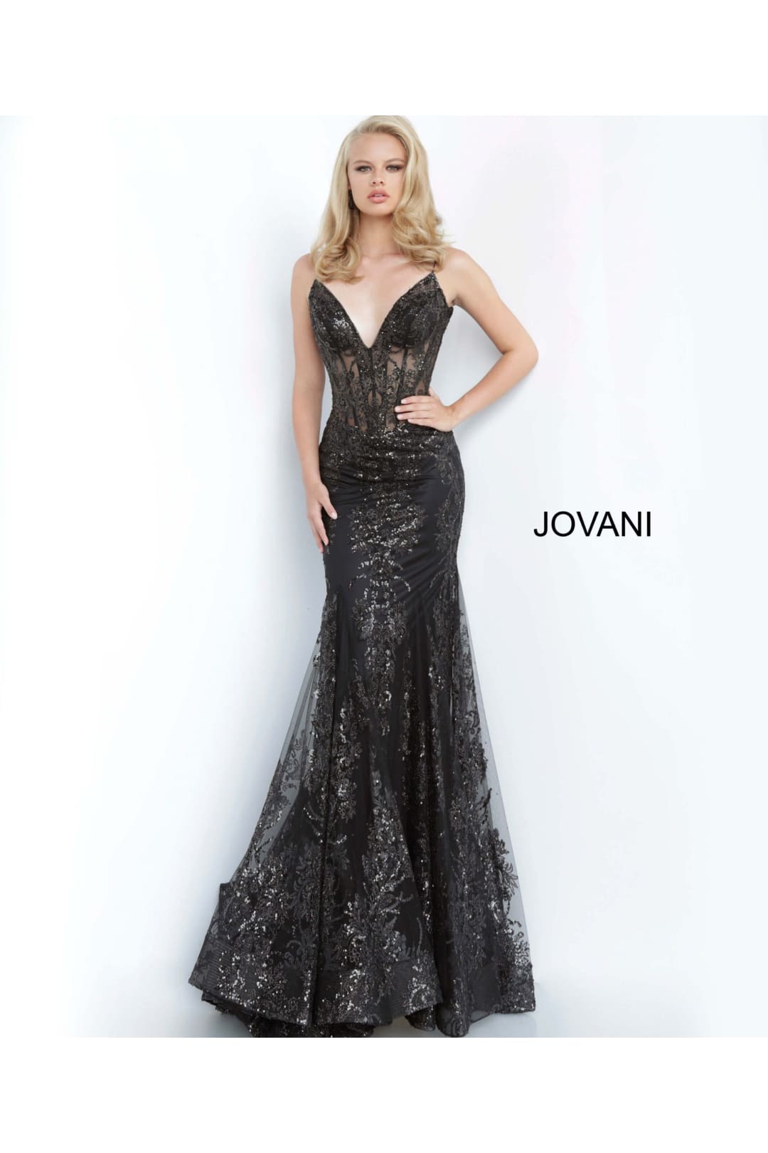Glitter Print Fitted Sleeveless Gown by Jovani 3675 - 00 / Black - Long Formal Dresses