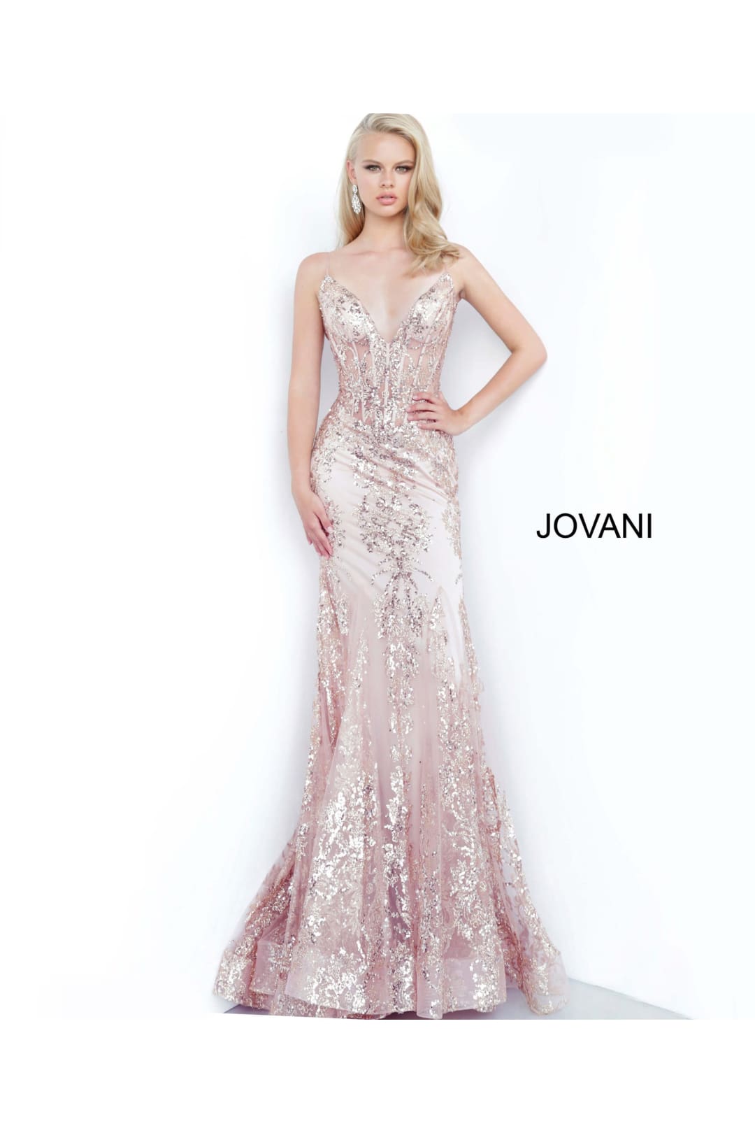 Glitter Print Fitted Sleeveless Gown by Jovani 3675 - 00 / Rose/Gold - Long Formal Dresses