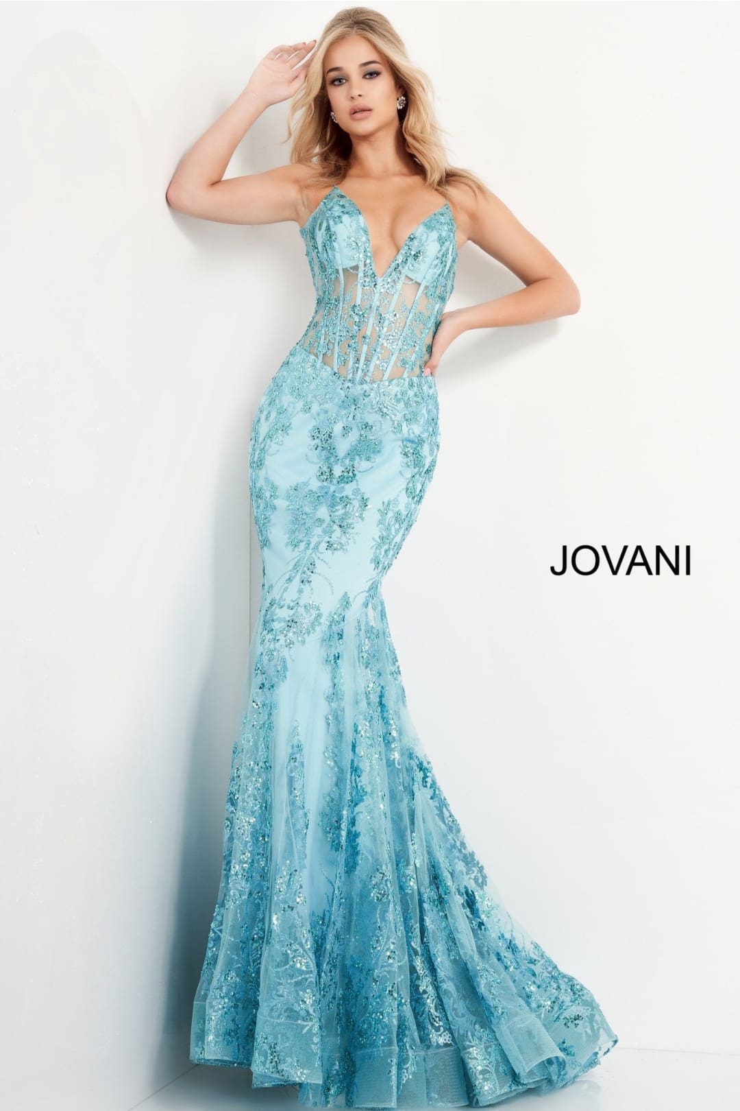 Glitter Print Fitted Sleeveless Gown by Jovani 3675 - 00 / Turquoise - Long Formal Dresses