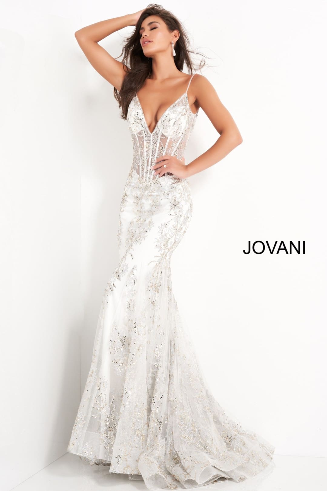 Glitter Print Fitted Sleeveless Gown by Jovani 3675 - 00 / White/Gold/Silver - Long Formal Dresses