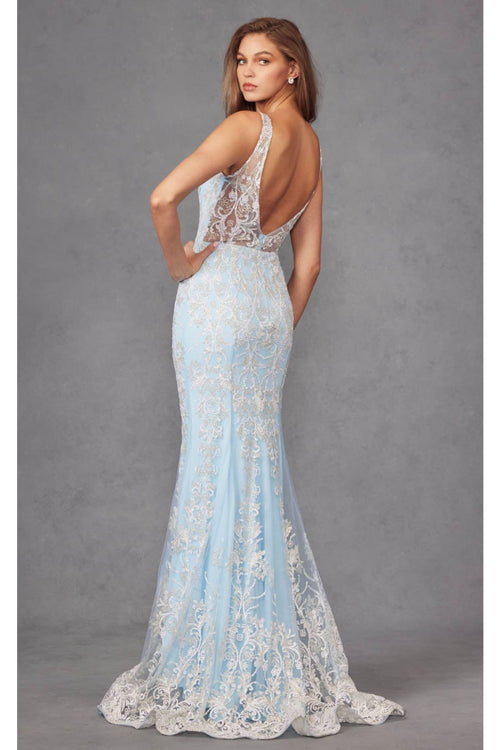 Glitter Print Fitted V-Neck Gown by Juliet 277 - Sky Blue / M - Dress