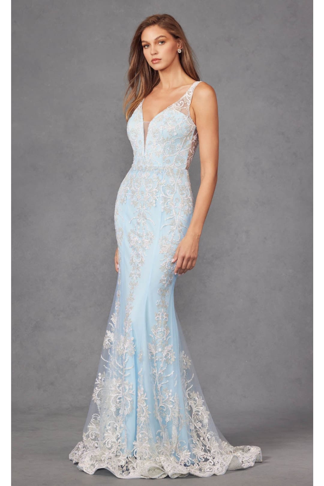 Glitter Print Fitted V-Neck Gown by Juliet 277 - Sky Blue / S - Dress