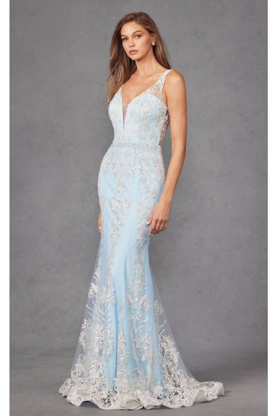 Glitter Print Fitted V-Neck Gown by Juliet 277 - Sky Blue / S - Dress