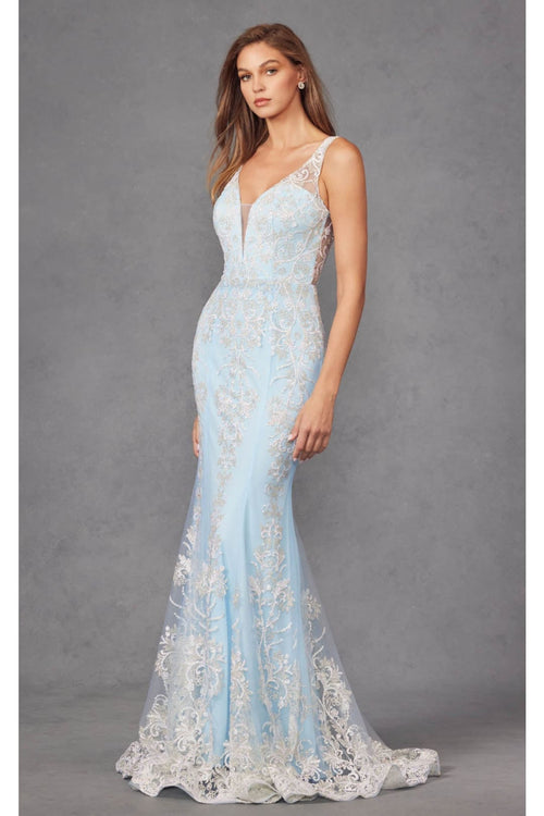 Glitter Print Fitted V-Neck Gown by Juliet 277 - Sky Blue / S - Dress