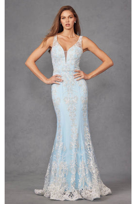 Formal Evening Dress Glitter Print Fitted V-Neck Prom Gown Juliet 277