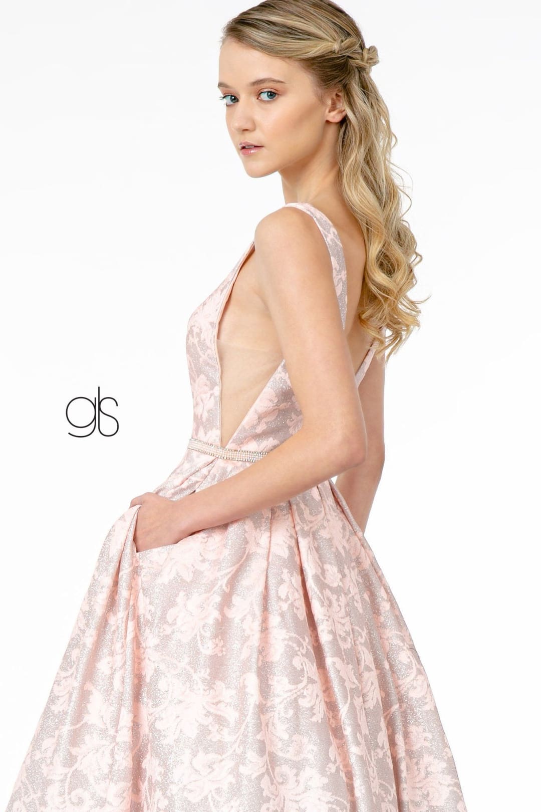 Glitter Print Long Illusion V-Neck Dress by Elizabeth K GL2897 - Long Formal Dresses