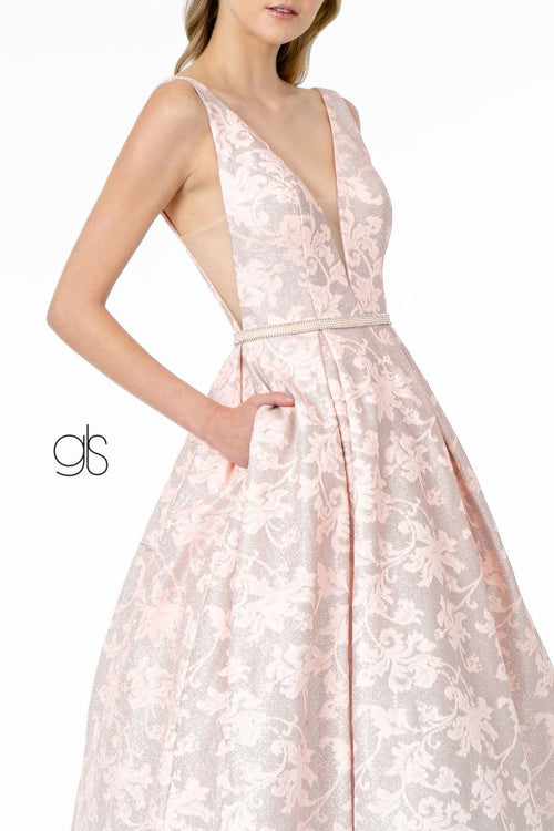 Glitter Print Long Illusion V-Neck Dress by Elizabeth K GL2897 - Long Formal Dresses