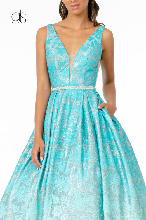 Glitter Print Long Illusion V-Neck Dress by Elizabeth K GL2897 - Long Formal Dresses