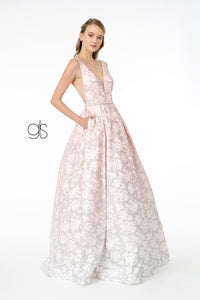 Glitter Print Long Illusion V-Neck Dress by Elizabeth K GL2897 - S / Blush - Long Formal Dresses
