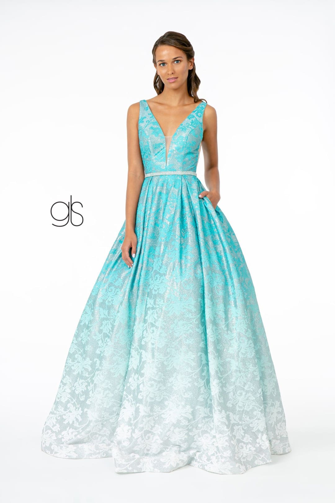 Glitter Print Long Illusion V-Neck Dress by Elizabeth K GL2897 - XS / Mint - Long Formal Dresses