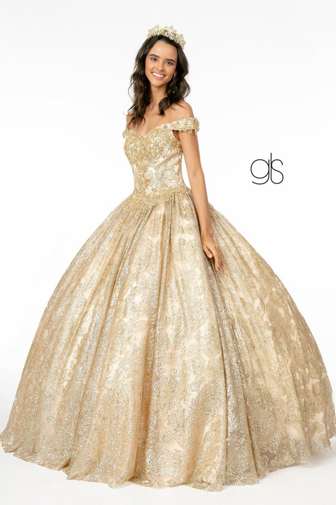 Glitter Print Off Shoulder Ball Gown by Elizabeth K GL1820 - XS / Champagne - Quinceanera Dresses