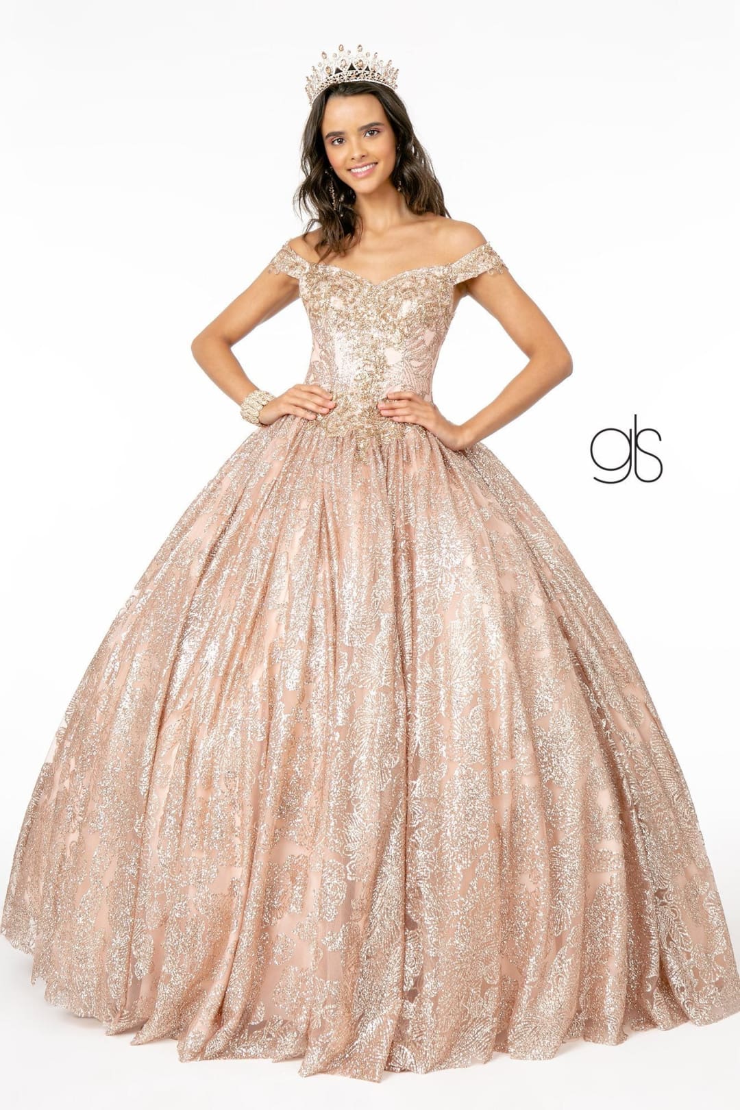 Glitter Print Off Shoulder Ball Gown by Elizabeth K GL1820 - XS / Rose Gold - Quinceanera Dresses