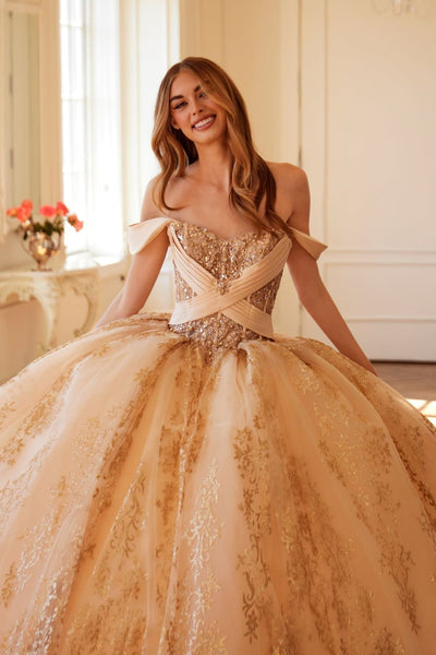 Glitter Print Off Shoulder Ball Gown by Juliet JT1488H - Quinceanera Dresses