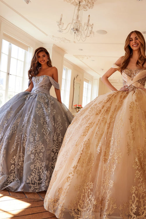 Glitter Print Off Shoulder Ball Gown by Juliet JT1488H - Quinceanera Dresses