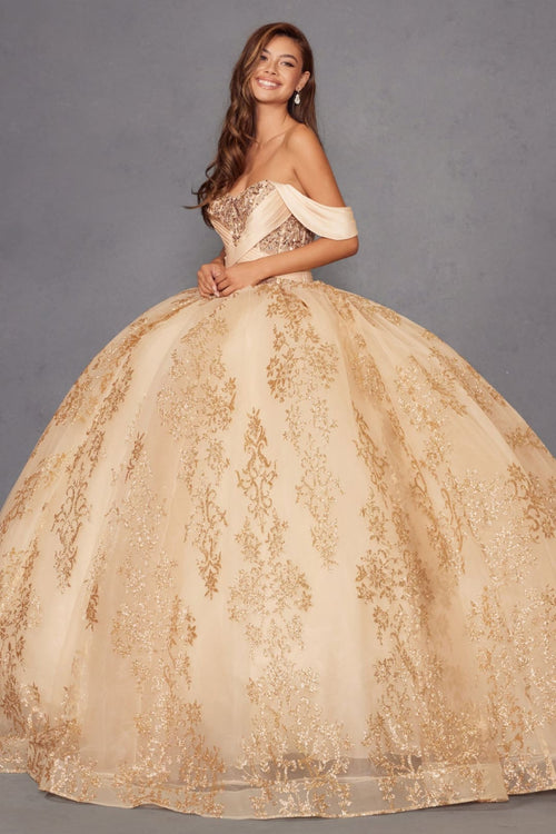 Glitter Print Off Shoulder Ball Gown by Juliet JT1488H - Quinceanera Dresses