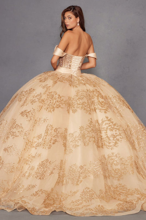 Glitter Print Off Shoulder Ball Gown by Juliet JT1488H - Quinceanera Dresses