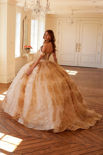 Glitter Print Off Shoulder Ball Gown by Juliet JT1488H - Quinceanera Dresses